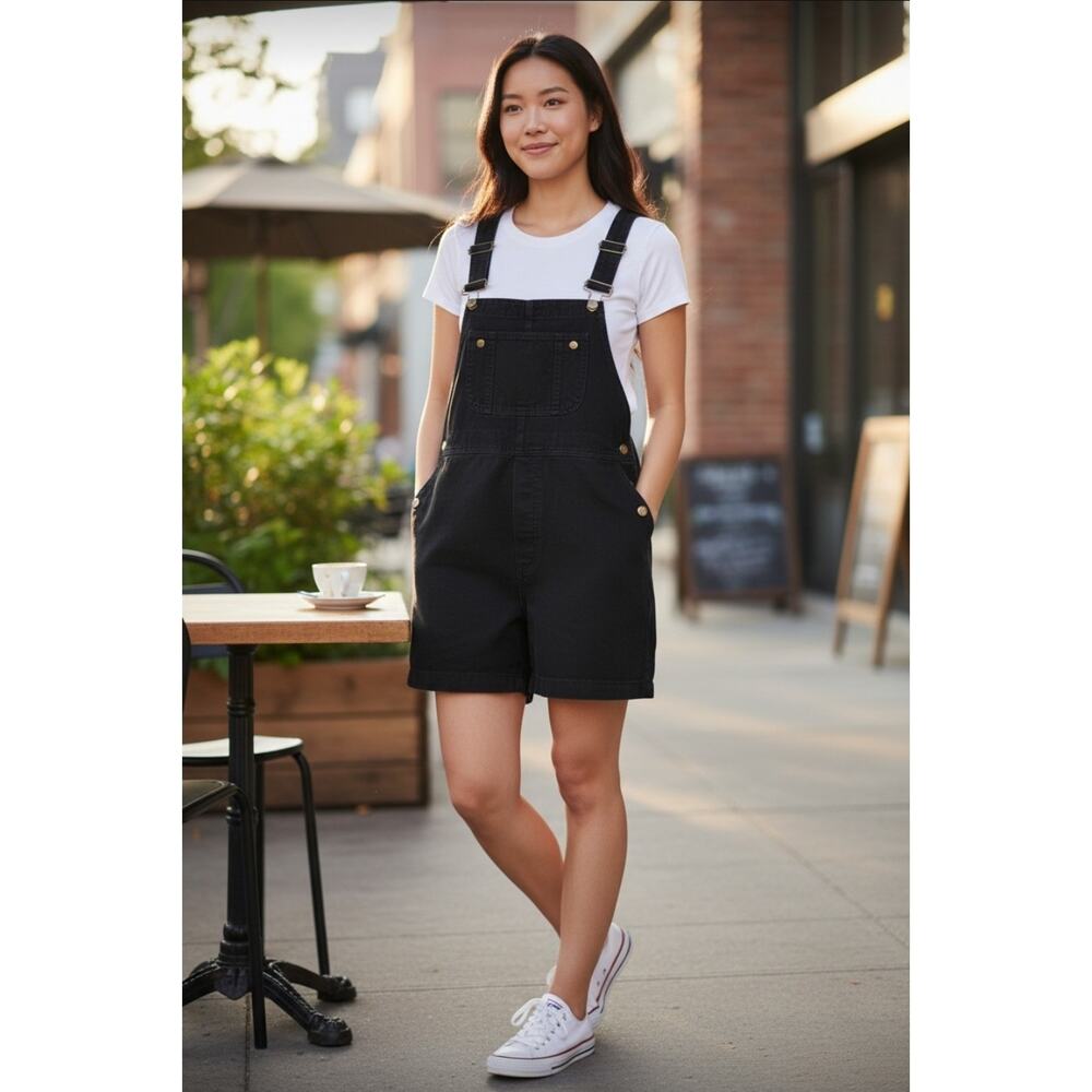 Vintage Forelli Black Cotton Utility Short Overalls Grunge Workwear Size 20 Plus - Picture 2 of 14